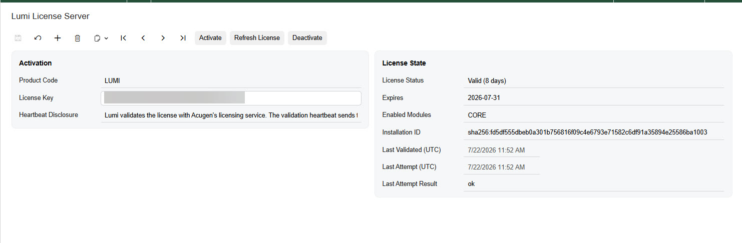 Lumi License Server (LM101000) after activation, showing product code, license key, heartbeat disclosure, and a License State panel with status, expiry, enabled modules and installation ID