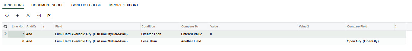 The Conditions tab with two lines: Lumi Hard Available Qty. greater than an entered value of 0, and Lumi Hard Available Qty. less than another field, Open Qty.