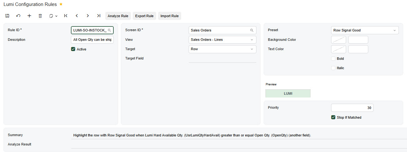 The Lumi Configuration Rules screen (LM301000), showing the rule identity, the screen and grid it targets, the preset appearance with a live preview, and the plain-English summary at the foot