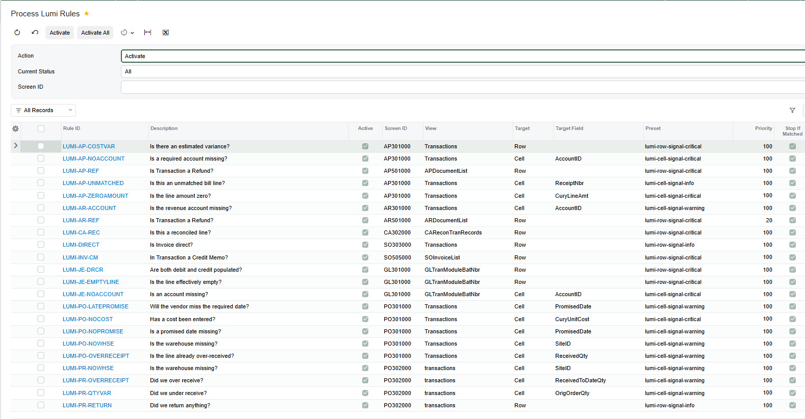 Process Lumi Rules (LM501000), listing every rule in the tenant with its description, screen ID, view, target, preset, priority and Stop If Matched setting