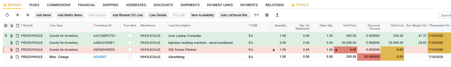 Sales order lines in Acumatica with Lumi applied: two rows shaded green, one row shaded red with its unit price cell in a deeper red, and a fourth line with its discount percentage cell flagged